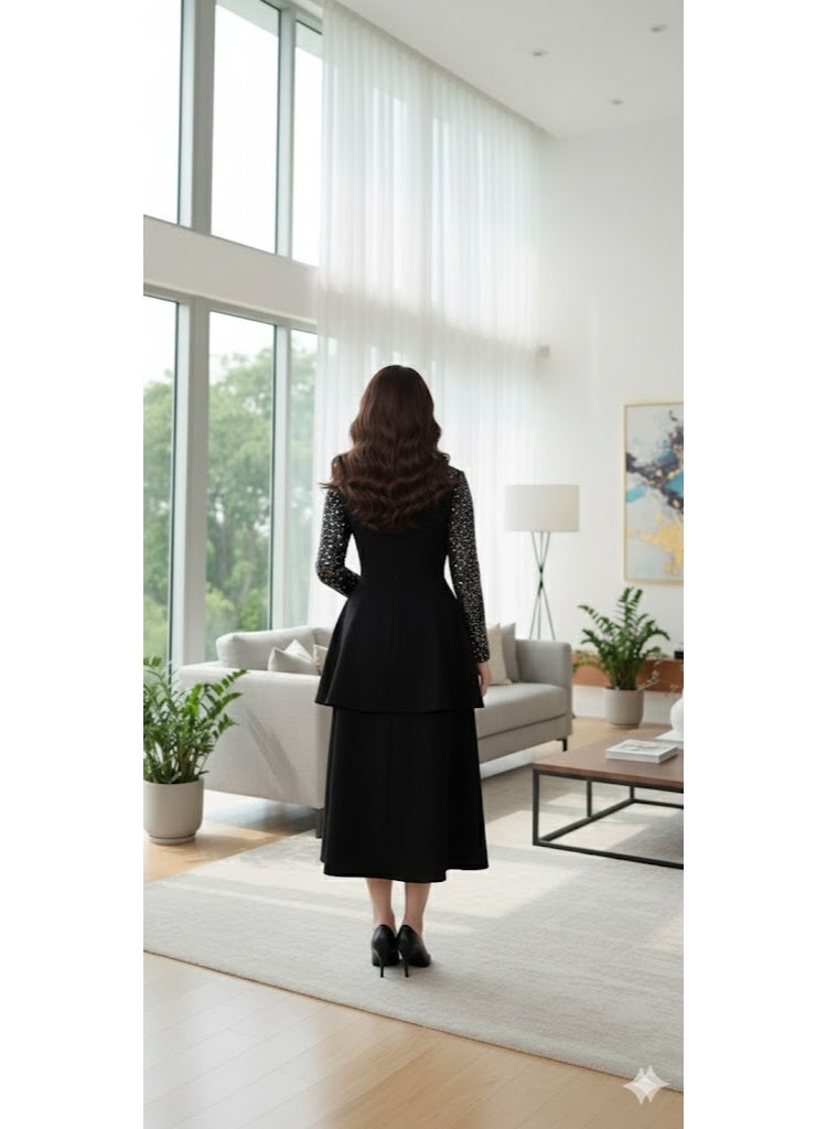 FULL JOY Elegant Women's Dress with luxury plunging neckline and Long Sleeves adorned with Shimmering embroidery,Fashion Dress. - Image 2